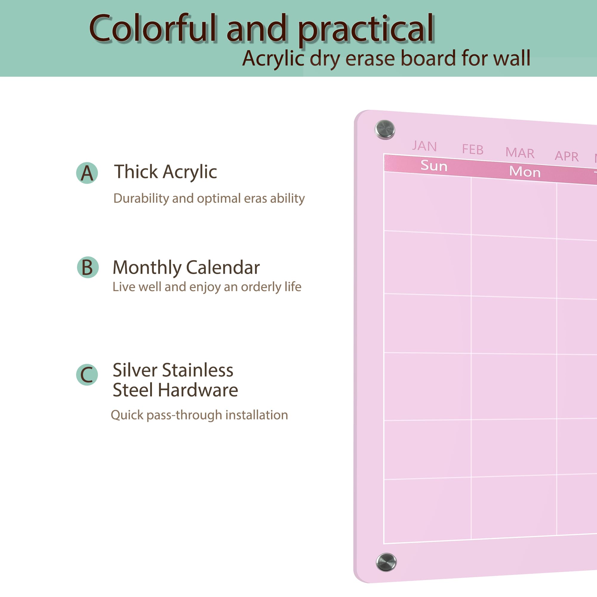 Calendario acrílico para pared, 15.7 x 11.8 pulgadas, calendario de pared acrílico con superficie de borrado en seco, calendario mensual acrílico para pared, pizarra rosa de borrado en seco
