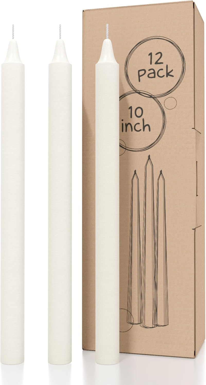CANDWAX Ivory Taper Candles Pack of 12 - Slow Burning Dripless Unscented Straight Candles 10 inch - Ideal for Dinner Table - Smokeless Long Candlesticks