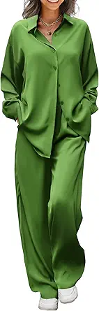 Ekouaer Womens Satin Silky Pajama Set 2 Piece Print PJs Soft Loungewear Button Down Sleepwear with Elastic Waist Long Pants