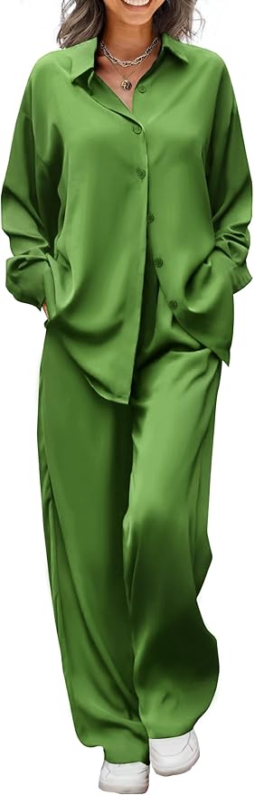 Ekouaer Womens Satin Silky Pajama Set 2 Piece Print PJs Soft Loungewear Button Down Sleepwear with Elastic Waist Long Pants
