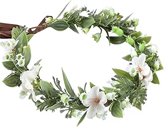 White Flower Crown Headband- Artificial Green Fairy Floral Headpiece Boho Bridal Headdress for Women Girls Maternity Renaissance Wedding Festival Party Hair Styling Accessory