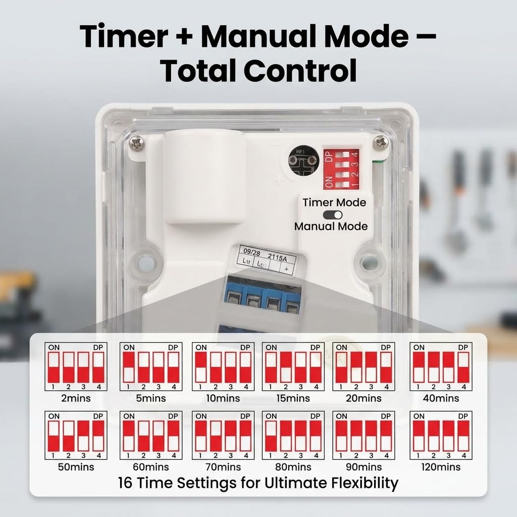 Timer Schalter, 220V 3500W Wandschalter, Zeiteinstellung von 2 Minuten bis 2 Stunden, für Korridor und Haushaltsgeräte