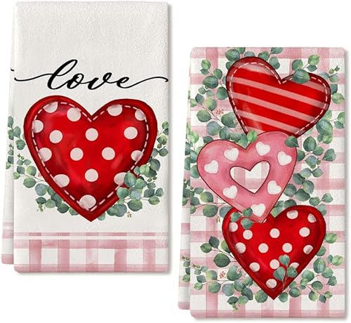 ARKENY AD170 - Juego de 2 paños de cocina para el día de San Valentín, diseño de búfalo rosa, diseño de lunares, corazón rojo, eucalipto, 18 x 26