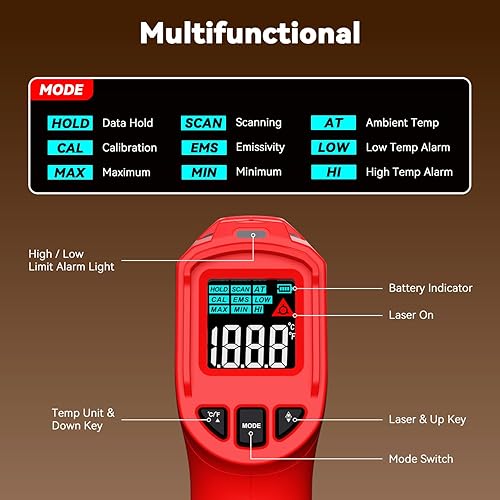Miniatura 7 de Wintact Pistola de termómetro infrarrojo láser, pistola de temperatura térmica de superficie, termómetro digital sin contacto para cocina, cocina,