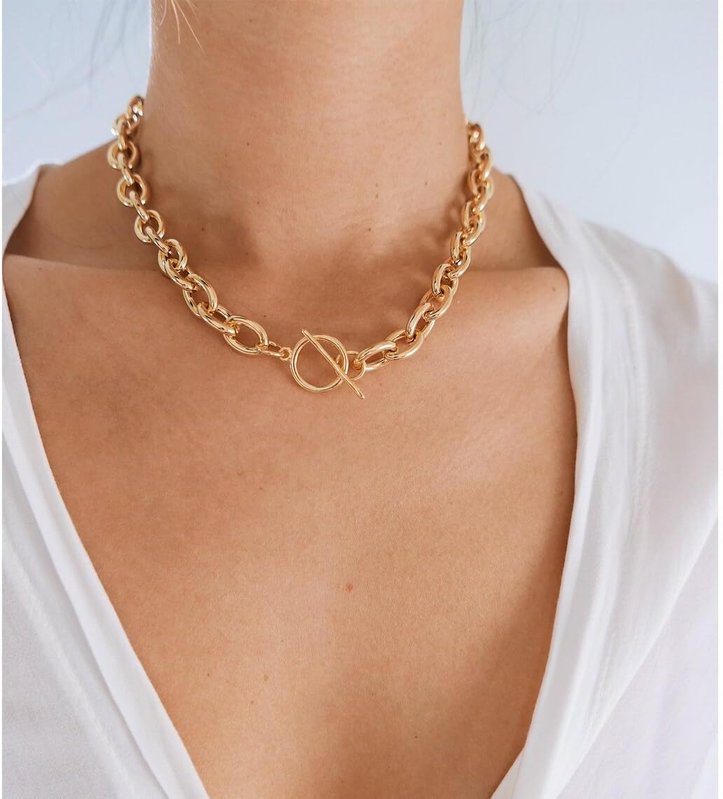 Gold Chunky Necklace for Women 14K Gold Plated Chain Clasp Toggle Necklaces Paperclip Statement Link T-Bar Clasp Dainty Gold Necklace Jewelry Gifts - Image 3