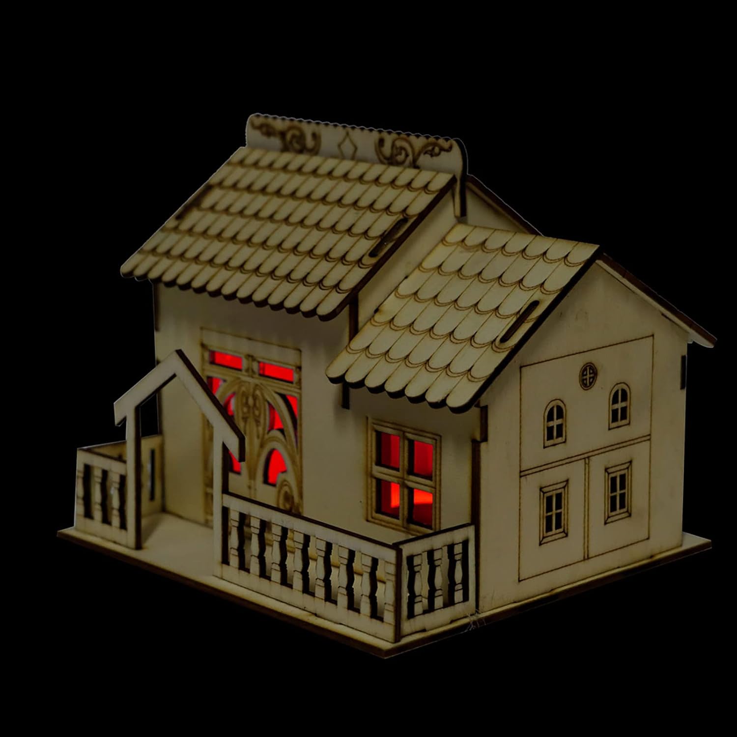Miniature Villa Storage Box – Wooden Money Bank with Night Light, 5.1x5.5x5.9in Home Desk Decor (2)