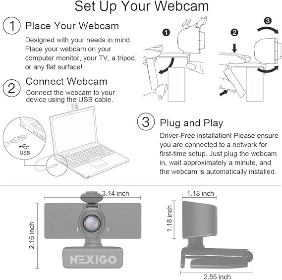 NexiGo N60 1080P Webcam HD Webcam with Microphone Software Control and Privacy Cover USB Computer Camera 110° Field of View Plug and Play for Zoom/Skype/Teams Conferencing and Video Calling