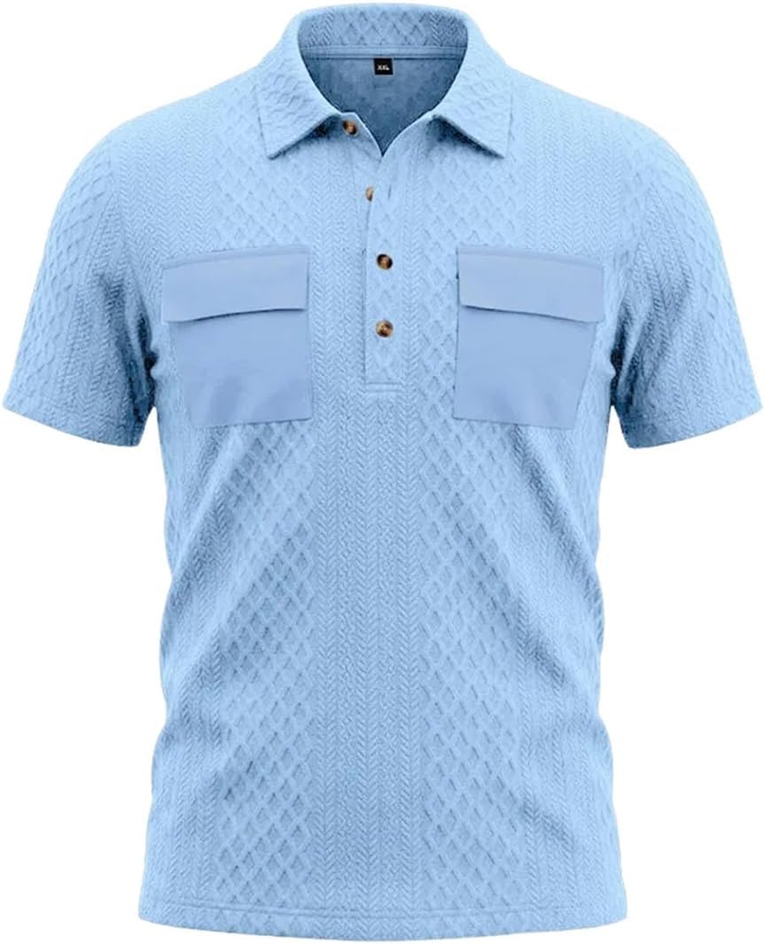 Mens Polo Shirt Heavyweight Textured Knit Short Sleeve Multi Pocket Lapel Loose Outdoor Casual Workwear Top