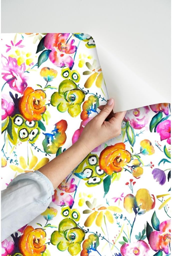 Spoonflower Peel & Stick Wallpaper 12ft x 2ft - Garden Watercolor Floral Large Print Summer Big Bright Flowers Painted Custom Removable Wallpaper