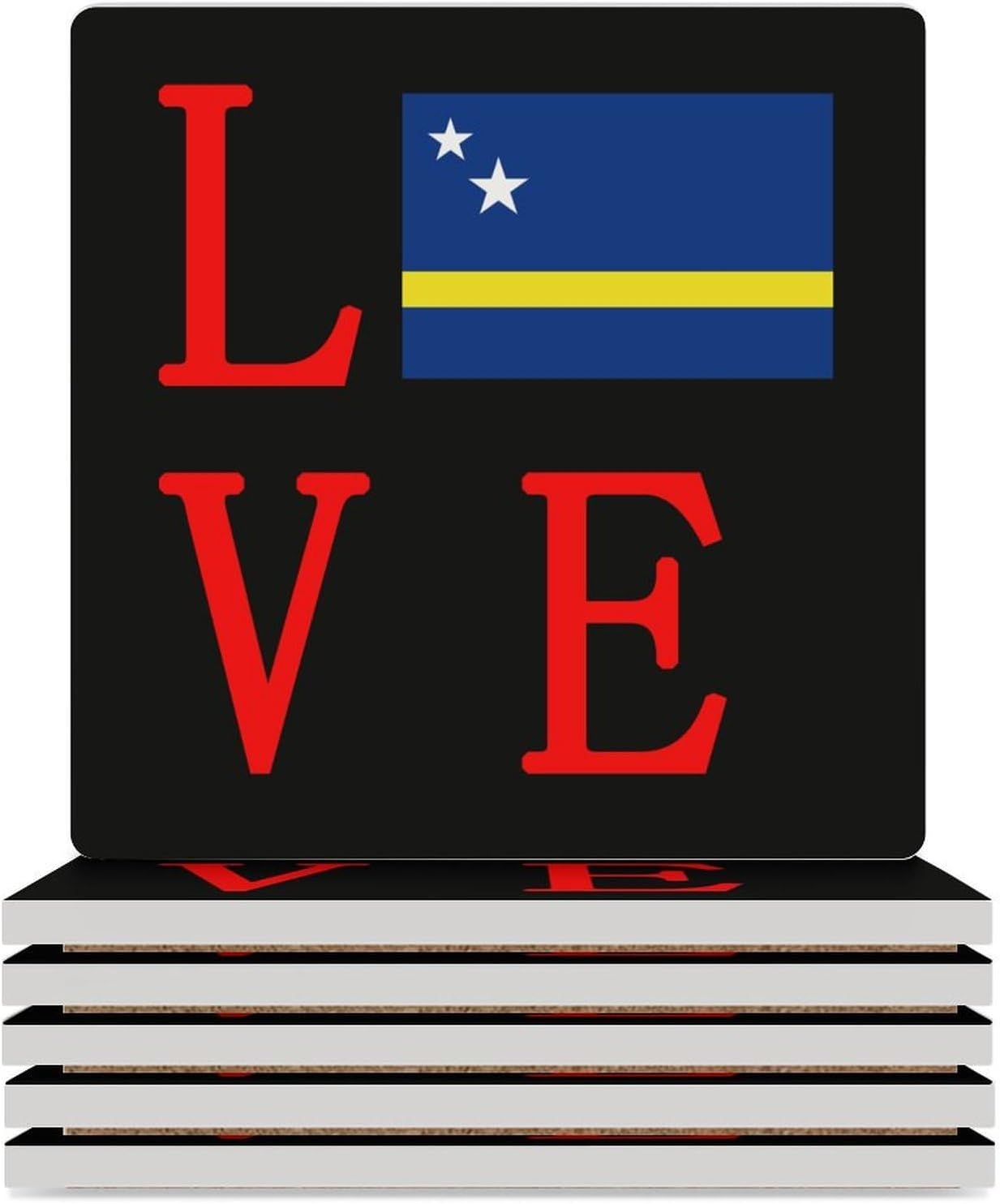 Love Curacao Flag Funny Ceramic Coasters for Drink Absorbent Cup Holders Tabletop Protection