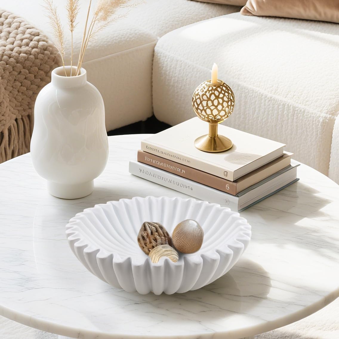 Large Modern Decorative Ruffle Bowl for Home Decor Fruit Bowl Organic Catch All Key Kitchen Entryway Shelf Coffee Table,White