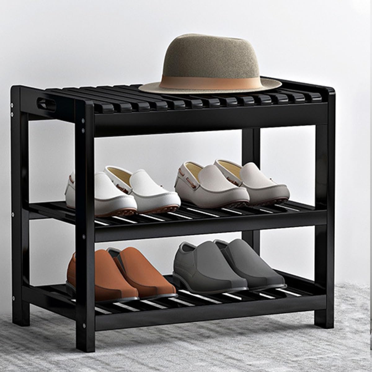 3-Tier Shoe Rack Bench with Storage, Sturdy Entryway Shoe nizer, Multi-Functional Shoe Storage Bench for Hallway & Bedroom, Compact Design (Black, 19.6 inches/50 cm)