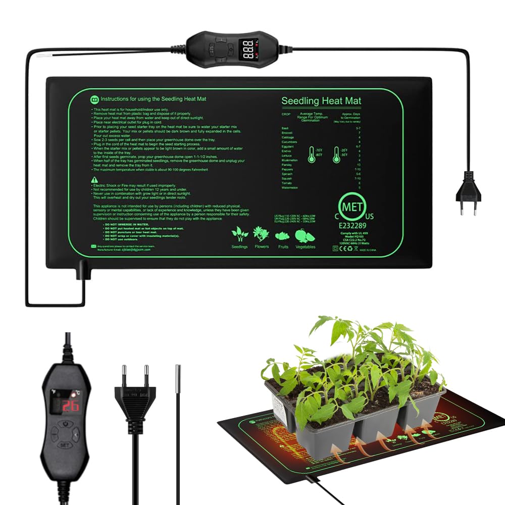 Tapis Chauffant Plante, 20 x 10 in Tapis Chauffant Semis avec Thermostat, 50W Imperméable Tapis Chauffant pour Plantes, Réglable en Temps Tapis Chauffant pour Semis, Animaux, Germination