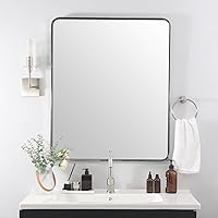 Vista 22 de ANDY STAR - Espejo de latón para baño, espejo rectangular redondeado de 22x30 pulgadas con marco de metal cepillado dorado, espejo de tocador