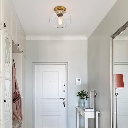 Miniatura 6 de BISAMIYA Lámpara de techo moderna dorada, acabado de latón, lámpara de techo semiempotrada con pantalla de vidrio transparente de 8.66 pulgadas para