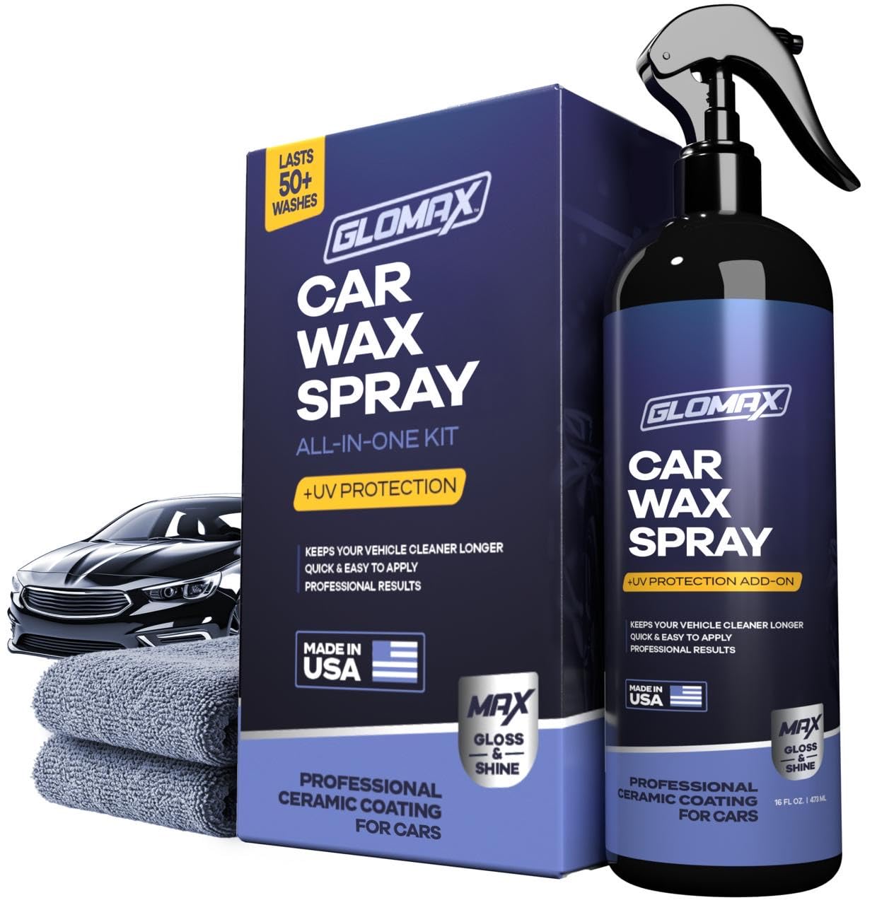 Car Wax Spray and Ceramic Coating For Cars With Added UV PROTECTION (16 oz)- LONG LASTING Shiny Car Stuff - Spray Wax For Cars With 2 Micro Fiber Towels, Waterless Wash