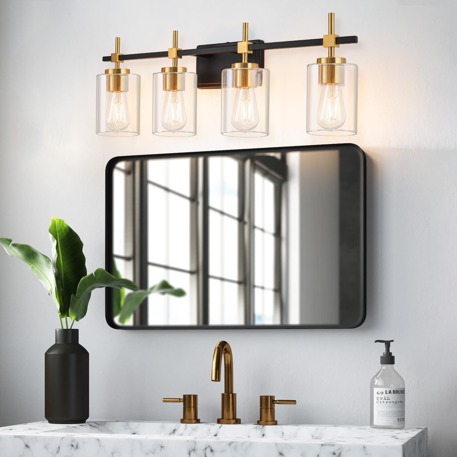 HEWEGO Modern Black Gold 4-Light Bathroom Vanity Light | Vintage Wall Mounted Light with Glass Shade | for Bedroom, Hallway, Living Room