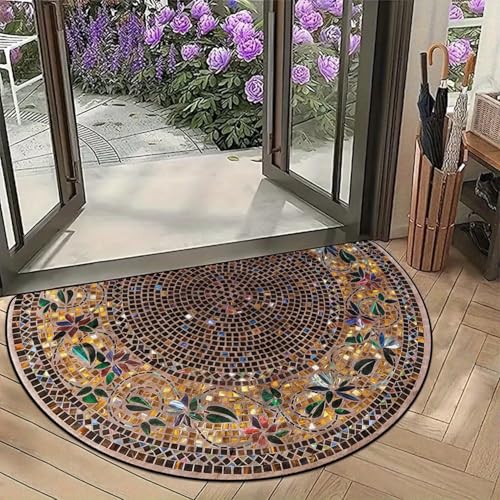 SHOPONIL Luxury Mosaic Floral Half Moon Doormat 80x50cm, Premium Polypropylene Non-Slip Entrance Mat, Waterproof Decorative Rug for Front Door, Home, Kitchen, Office Indoor Outdoor Use (Brown)