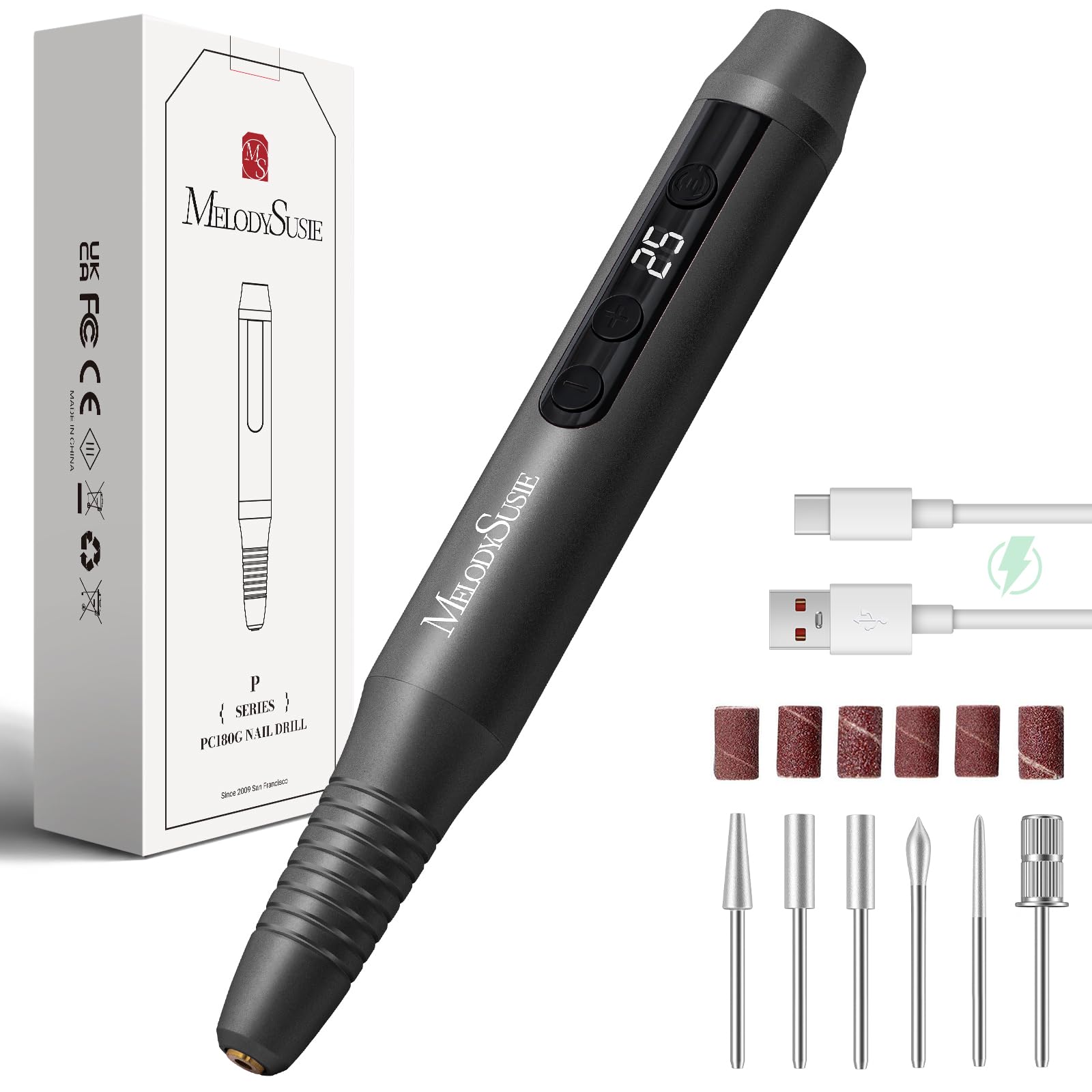 MelodySusie Kabellos Nagelfräser für Gelnägel, Elektrische Nagelfeile 25000 u/min, PC180G Professioneller Nail Drill mit 25 Geschwindigkeitsstufen und LED-Anzeige, Maniküre Pediküre Set