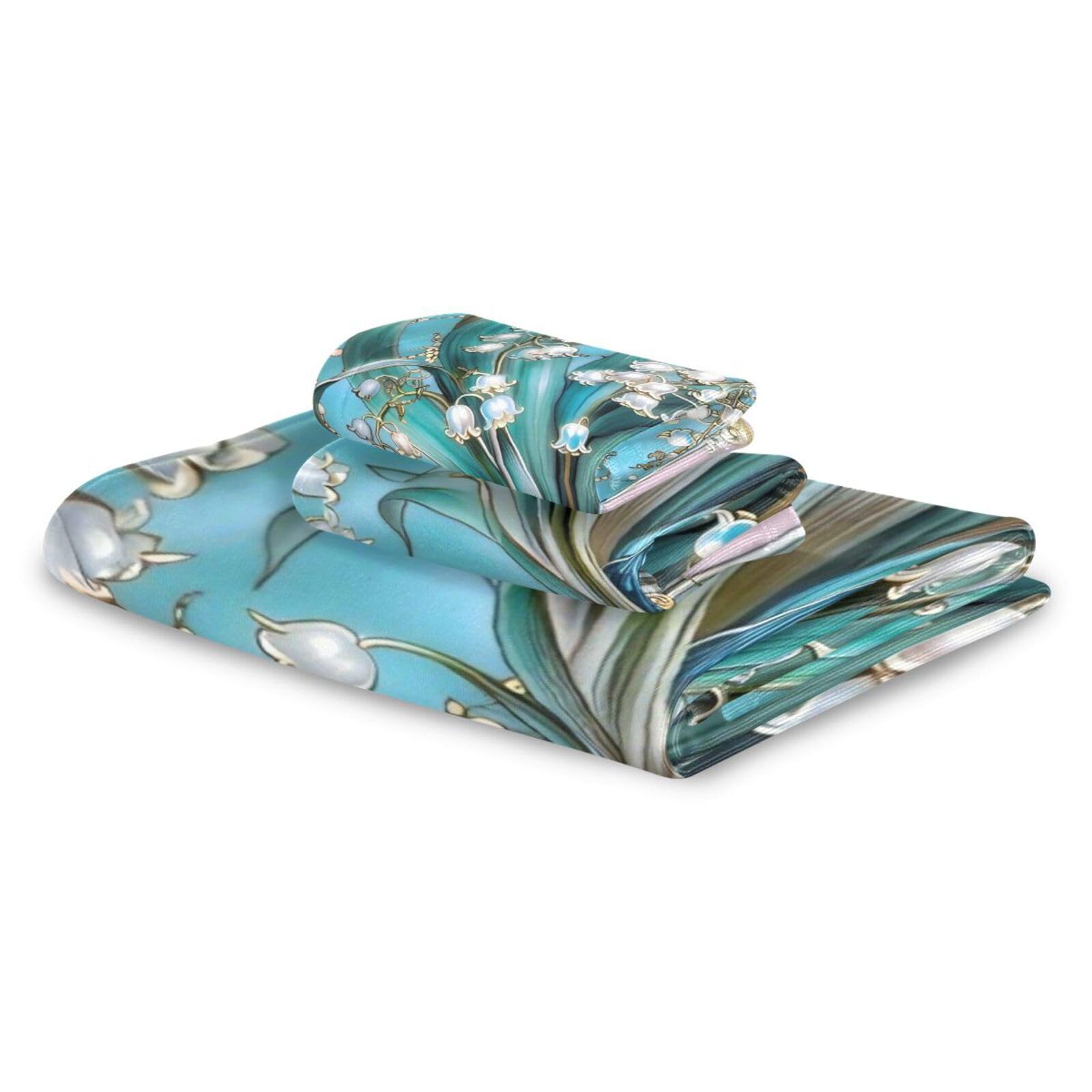 Boho Lily Of Valley Floral Blue Doccia Asciugamani Viso Set 3 Pezzi, 1 Asciugamano da Bagno 1 Asciugamano 1 Asciugamano per il corpo Viso Bagno