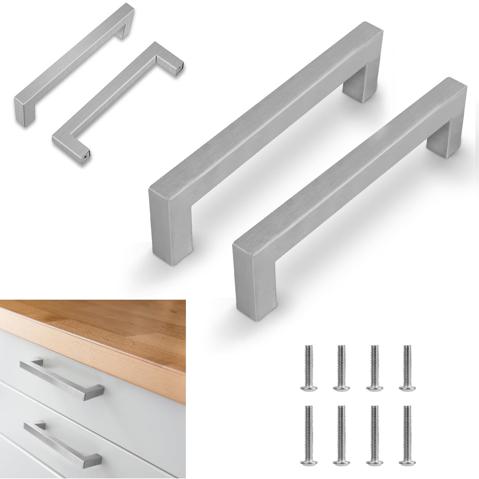 Flintronic 2PCS 160 mm Brushed Stainless Steel Cabinet Handles - Square Bar Pull for Wardrobe, Drawer, Kitchen