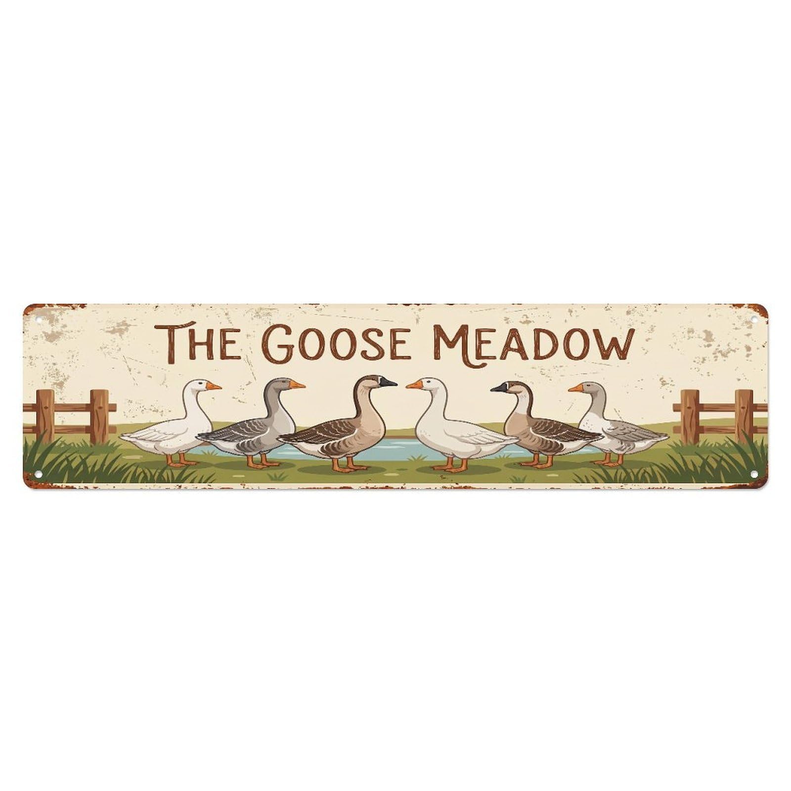 Metal Tin Sign Vintage Goose Farm Scene THE GOOSE MEADOW
