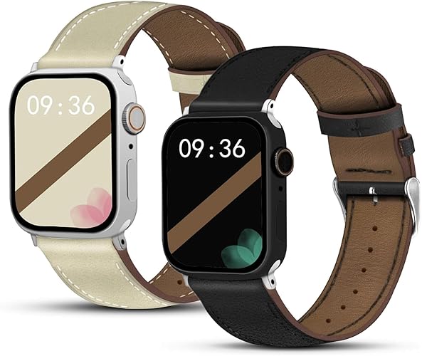 2 Pack Genuine Leather Band (Black and Beige) Compatible with Apple Watch Band for Women Men 49mm 46mm 45mm 44mm, for iWatch Series 10 9 8 7 6 SE 5 4 3 2 1 Ultra Ultra 2