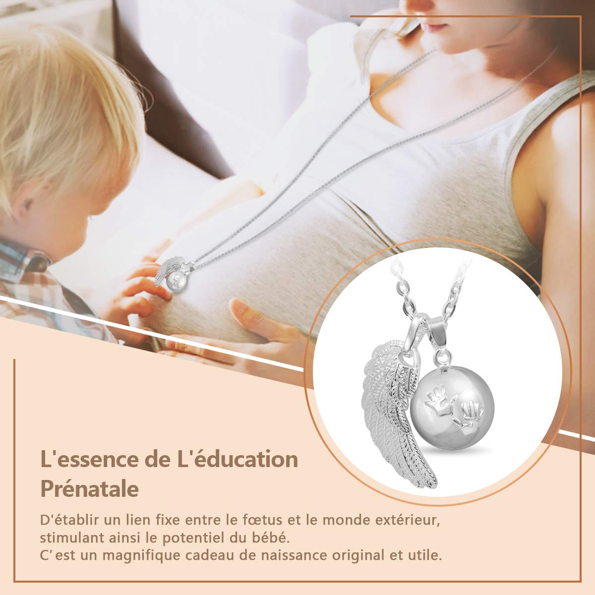 AEONSLOVE Bola Klangkugel Kette Babyfuss Schwangerschaft, Engel Anrufer Halskette Engels Flügel Handabdruck Fußabdrücke Anhänger Lange Ketten Schmuck Geschenk für Schwangere Damen Frau Mutter