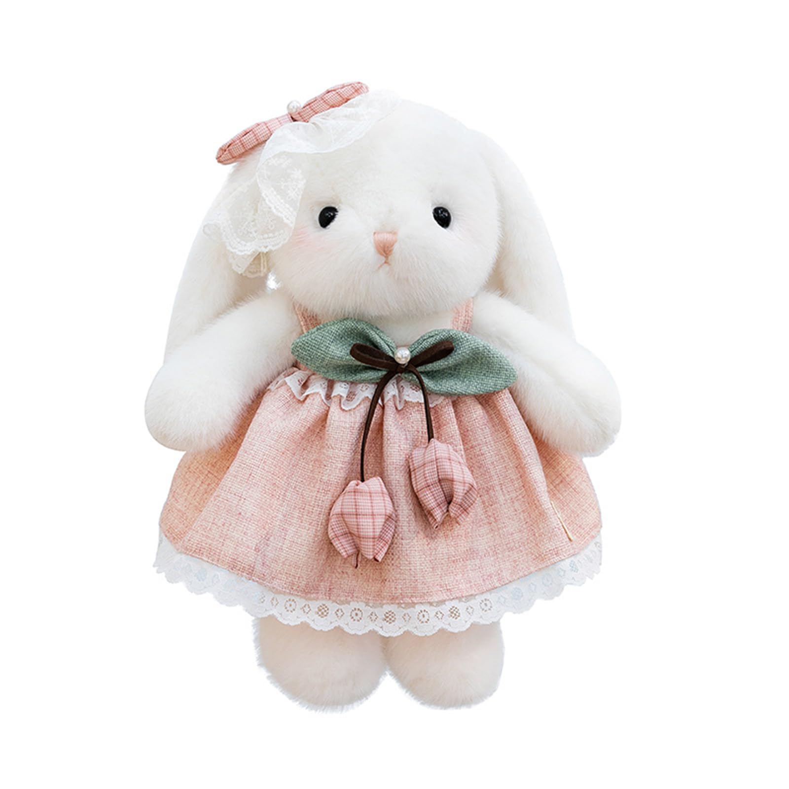 ZBELLO Cute White Lop-Eared Bunny Plush Toy with Floral Dress & Lace Bow, Soft Stuffed Animal Rabbit for Kids Toddlers Girls, Perfect for Bedtime Snuggles Birthday Gifts & Nursery Decor (PINK,35cm)