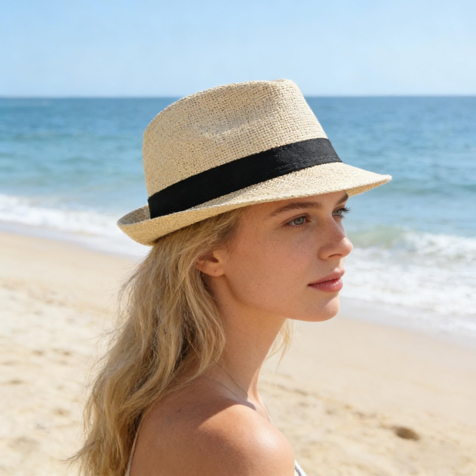 Straw Fedora Hat for Men Summer Short Brim Panama Hat Beach Casual — view 6