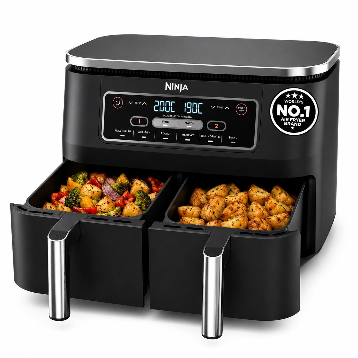 Ninja Foodi Dual Zone Air Fryer AF300IN| 7.6L Dual Drawer Air Fryer| Max Crisp 240°C| 6 Cooking Functions – Air Fry, Roast, Bake, Reheat & Dehydrate| Variable Airflow 1200–2600 RPM|PTFE/PFOA/PFASFree