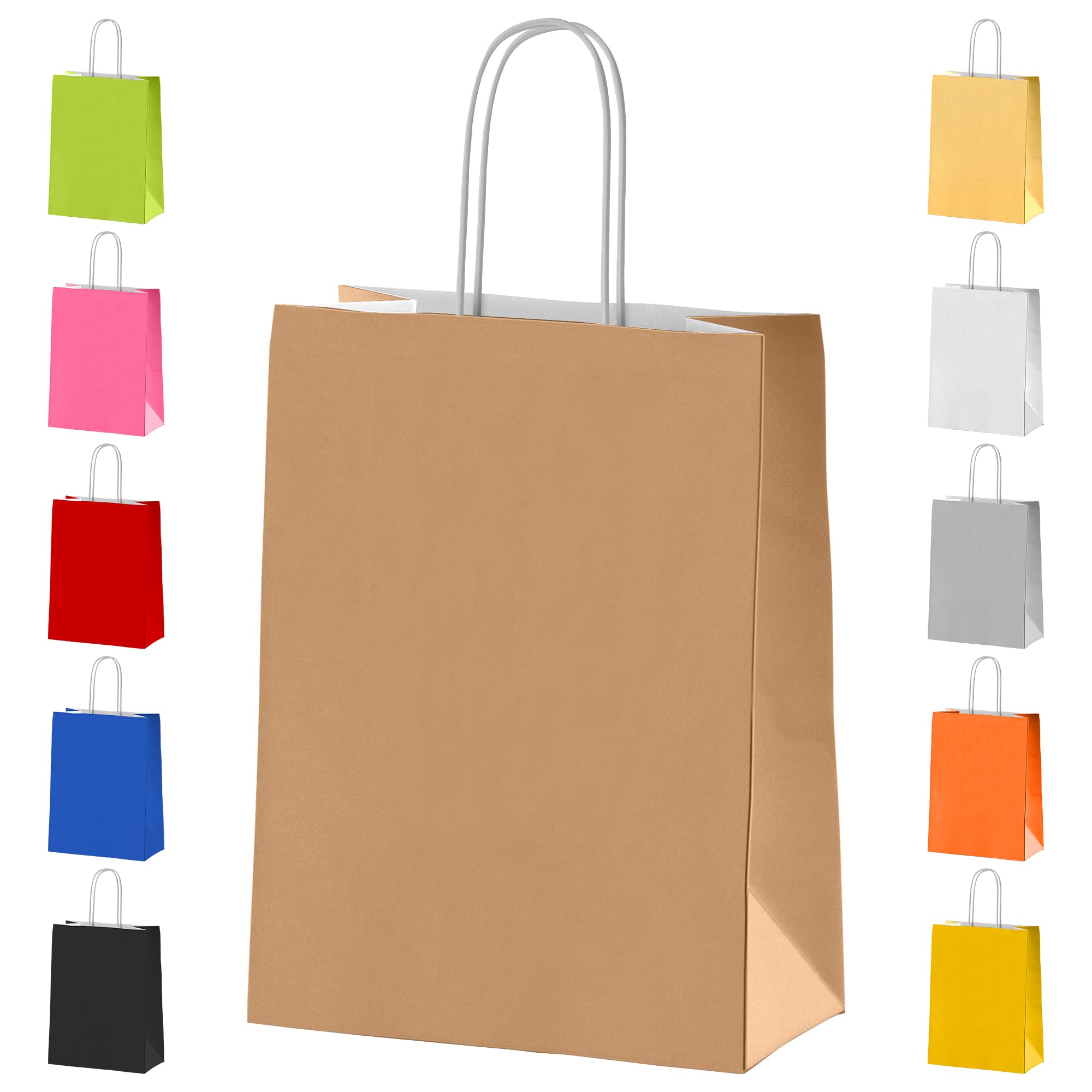 Paper Party Bags with Handles - Brown 10x Small Colourful Carrier Goody Bags for Adults and Kids Parties Weddings Birthdays Baby Showers Xmas and Sweets - 18x22x8cm Kraft Bags