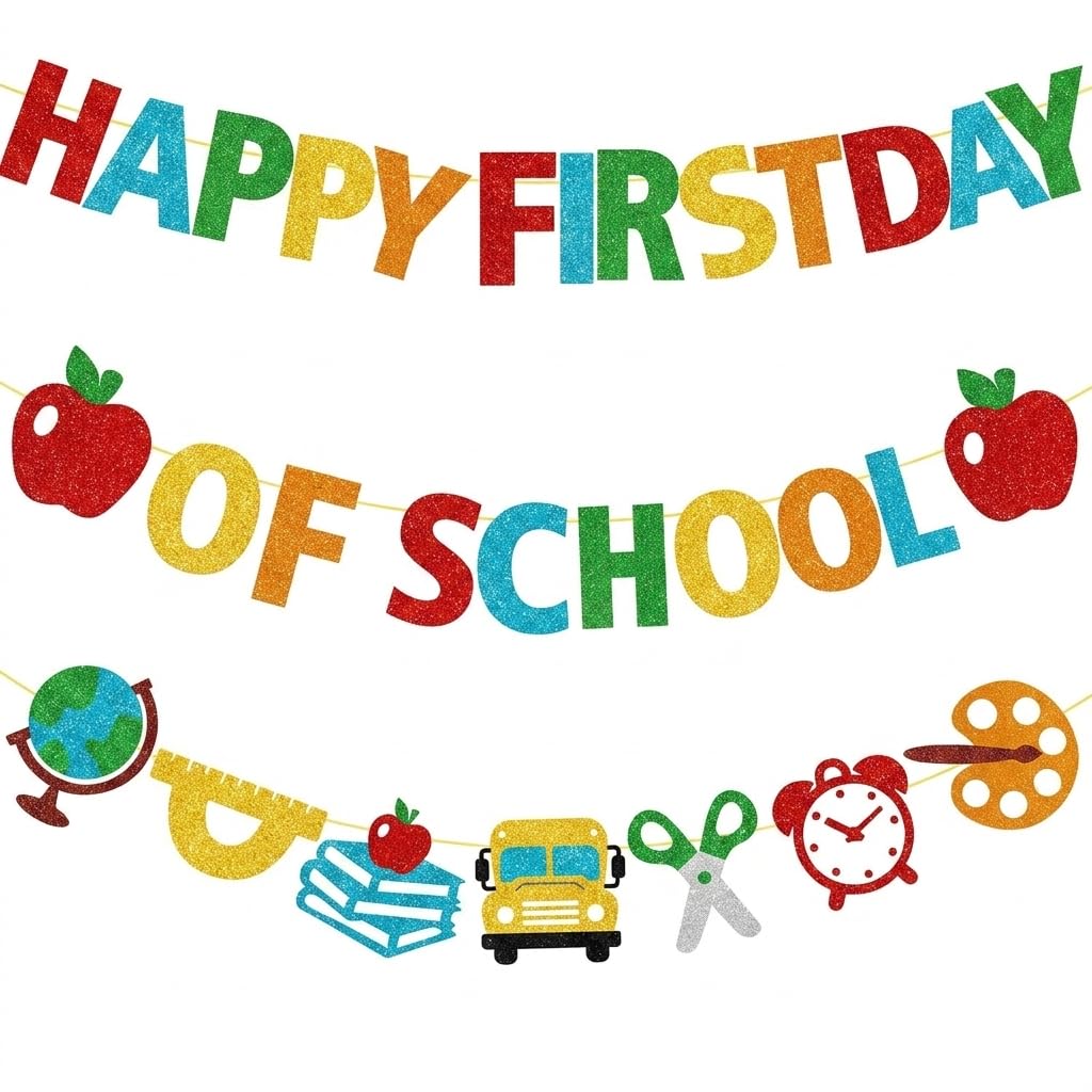 Happy First Day of School Banner,Welcome Back Decoration Flag 3 Pcs Set