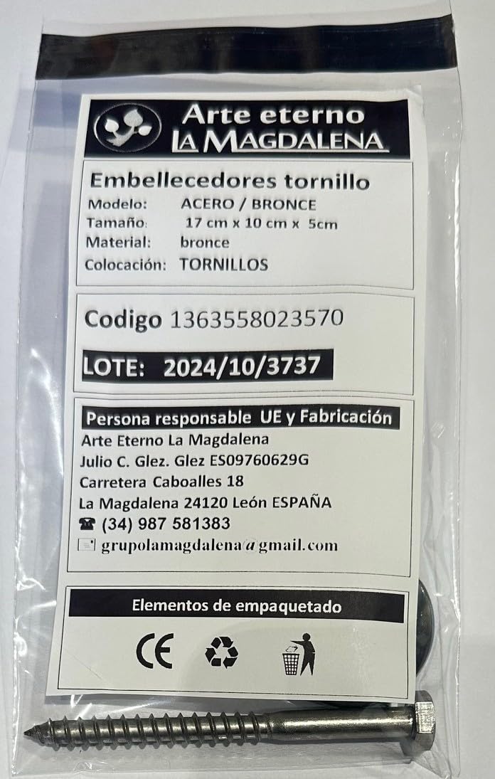 Tornillo mecanizado interiormente con rosca de 4mm de diámetro, ideal para aplicaciones que requieren fijación segura en soportes de embellecedores de lápidas y placas
