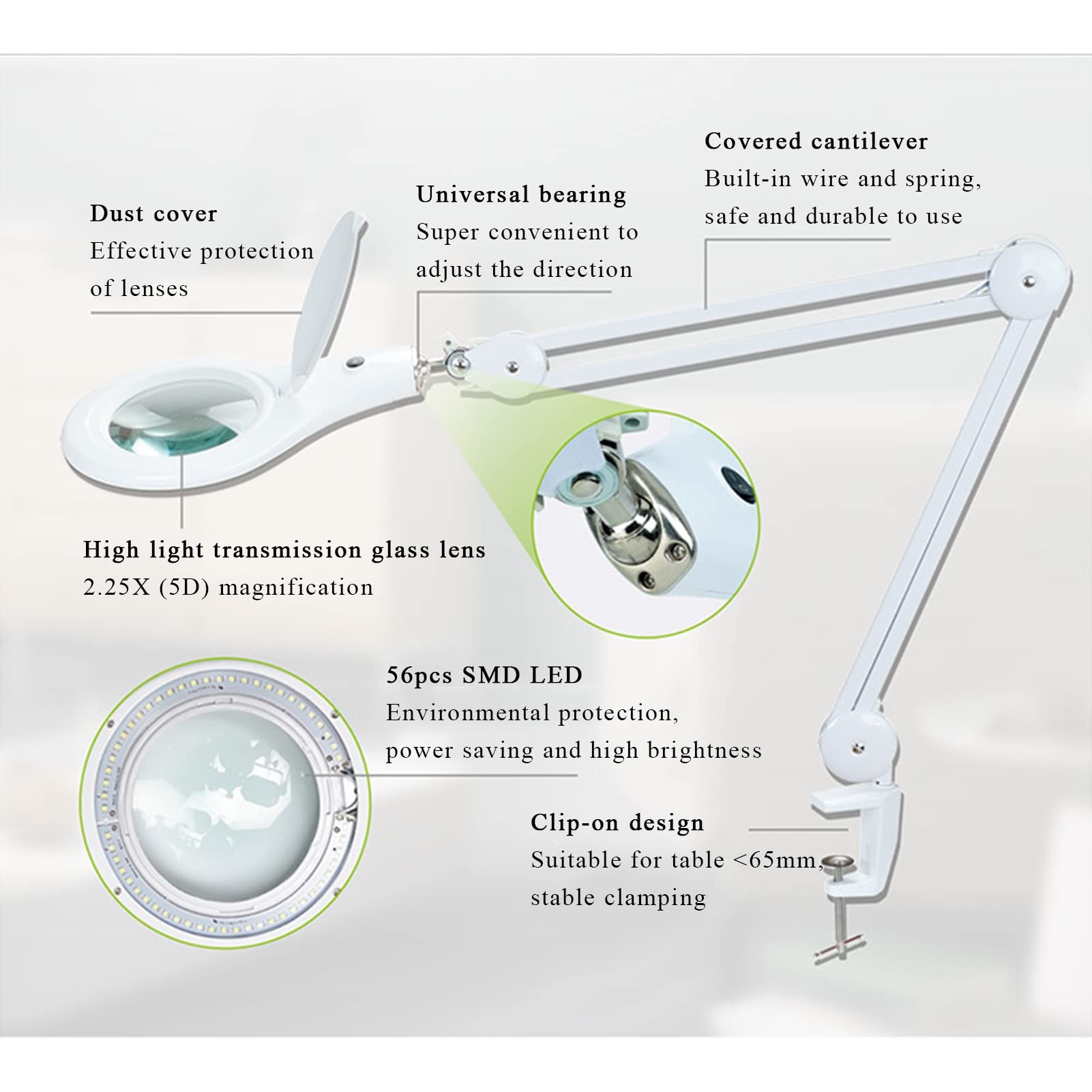 Lampa powiększająca LED, przyjazne dla oczu oświetlenie światłem dziennym 2,25-krotne szkło powiększające z regulowanym ramieniem obrotowym, lampa biurkowa z lupą do czytania rękodzieła quality goods