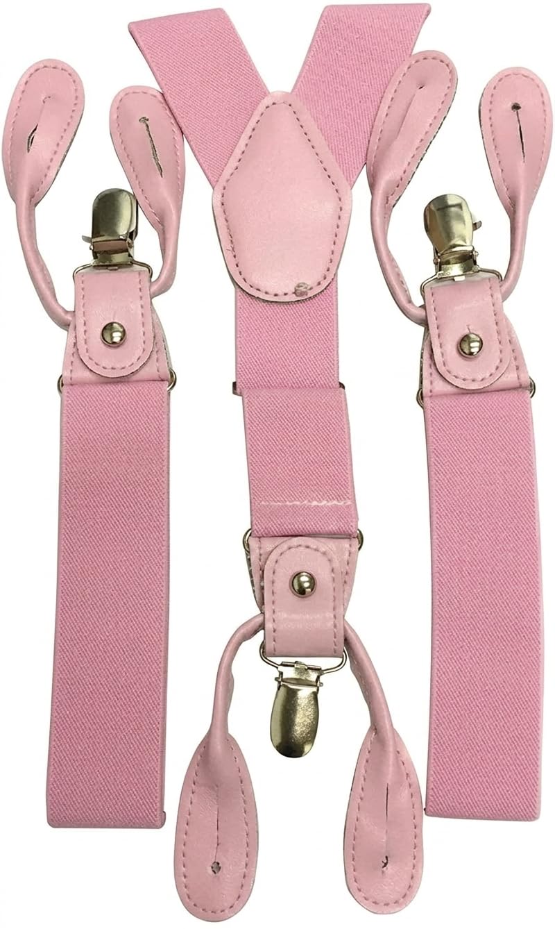 L&L® Mens Suspenders Braces with Clip & Syntheti Leather Button ON Strong 3.5 cm Wide (Pink)
