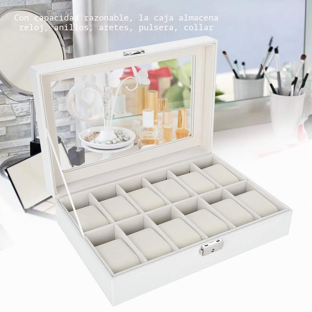 Caja de Relojes Hombre Mujer con 12 Compartimientos, Tapa de Vidrio, Cierre de Metal, Estuche de Almacenamiento para Reloj