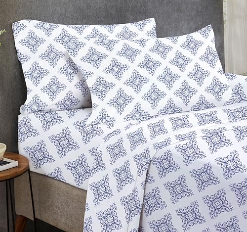 Image of California Design Den Queen Bed Sheet Set, 100% Cotton Sateen Printed Pattern, Deep Pocket Queen Sheets & Pillowcase Set - Filigree