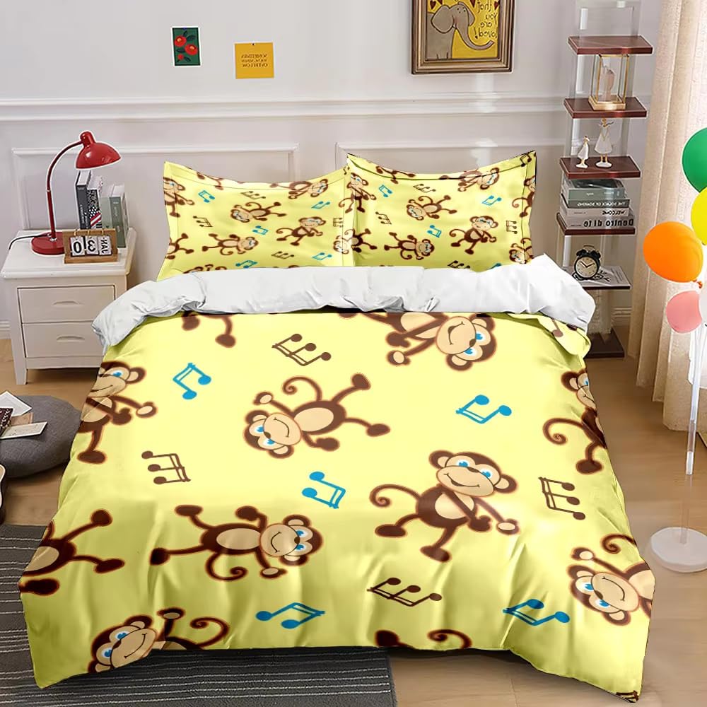 NDXRWDZR King Size Duvet Set Yellow Monkey Duvet Cover with Zipper Closure Bedding Set for Aldults Kids Soft Hypoallergenic Microfiber Quilt Cover 230x220 cm + 2 Pillowcases 50x75 cm