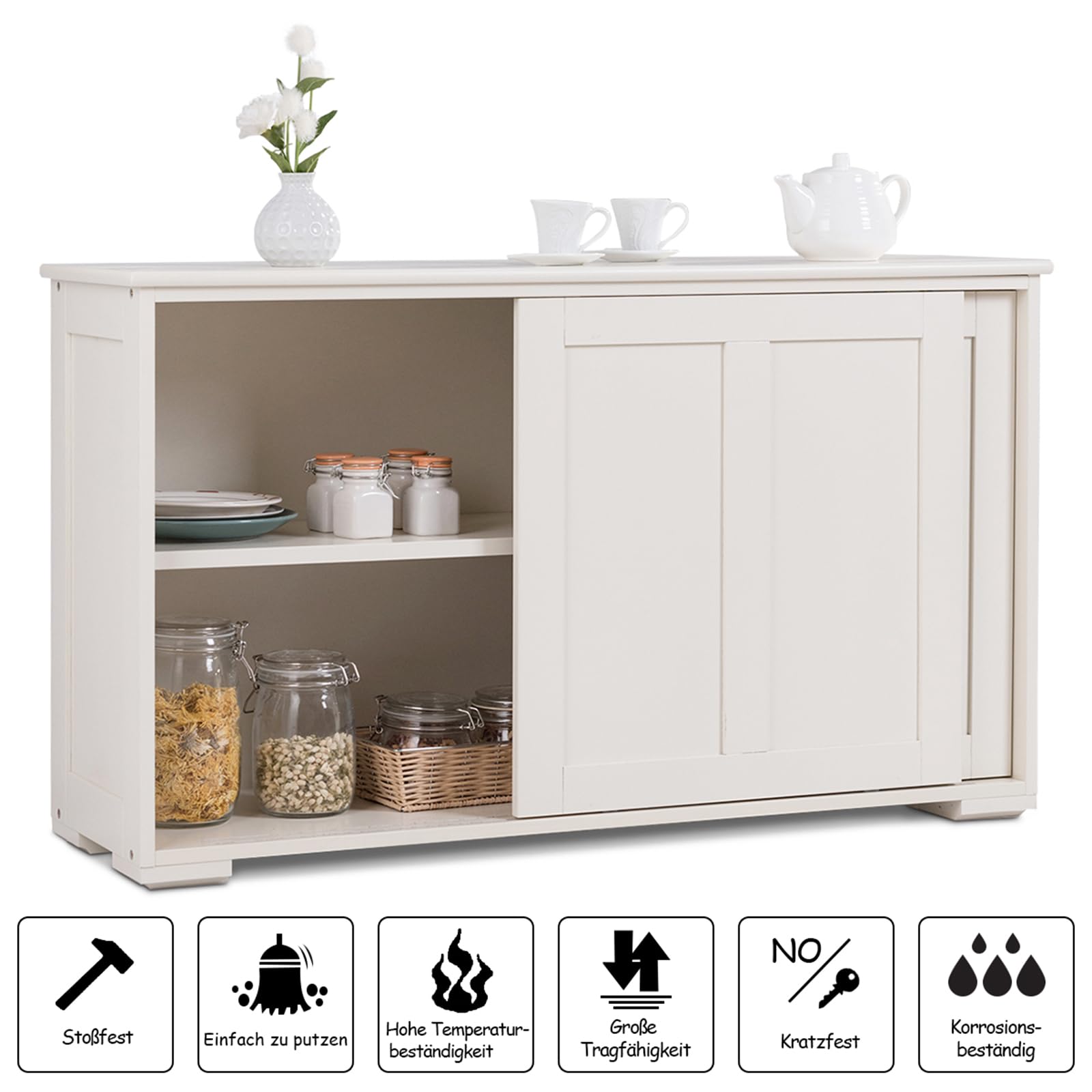 COSTWAY Sideboard, Küchenschrank mit Schiebetüren & verstellbarem Ablage, Buffetschrank Aufbewahrungsschrank, Beistellschrank für Küche, Esszimmer, Wohnzimmer, Holz, 107 x 33 x 60 cm, Weiß