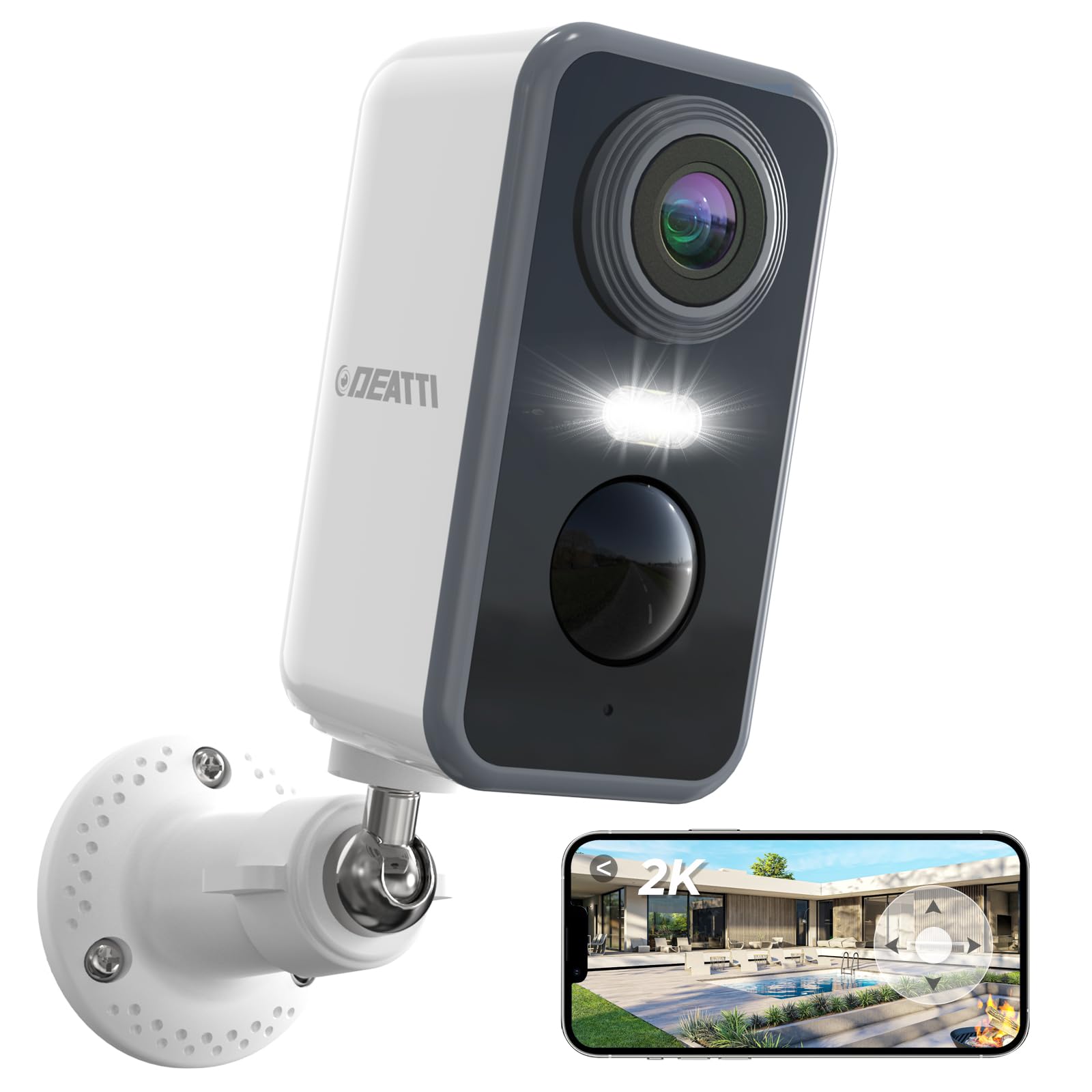 DEATTI 2K Telecamera Wi-Fi Interno/Esterno Senza Fili a Batteria, Videocamera Sorveglianza Interno, Rilevatore di Movimento PIR, Visione Notturna a Colori, Audio a 2 Vie, Sirena, IP66, SD/Cloud
