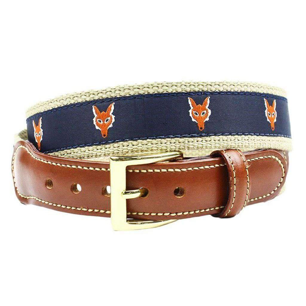COUNTRY CLUB PREP Fox Head Leather Tab Belt in Navy on Khaki Canvas