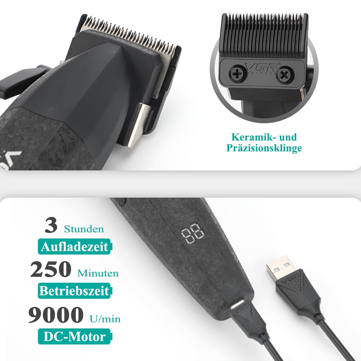 VGR 640 Professionelle Haarschneider für Männer, Kabellose Barber Clipper und Trimmer Set, Zero Gap T-Klinge Haarschneidekit, DLC-beschichtete Keramikklinge, Premium Barber Kit mit LED-Anzeige | 9000 U/min; Dual-Speed; 2500mAh/2000mAh Akku; 250min/240min