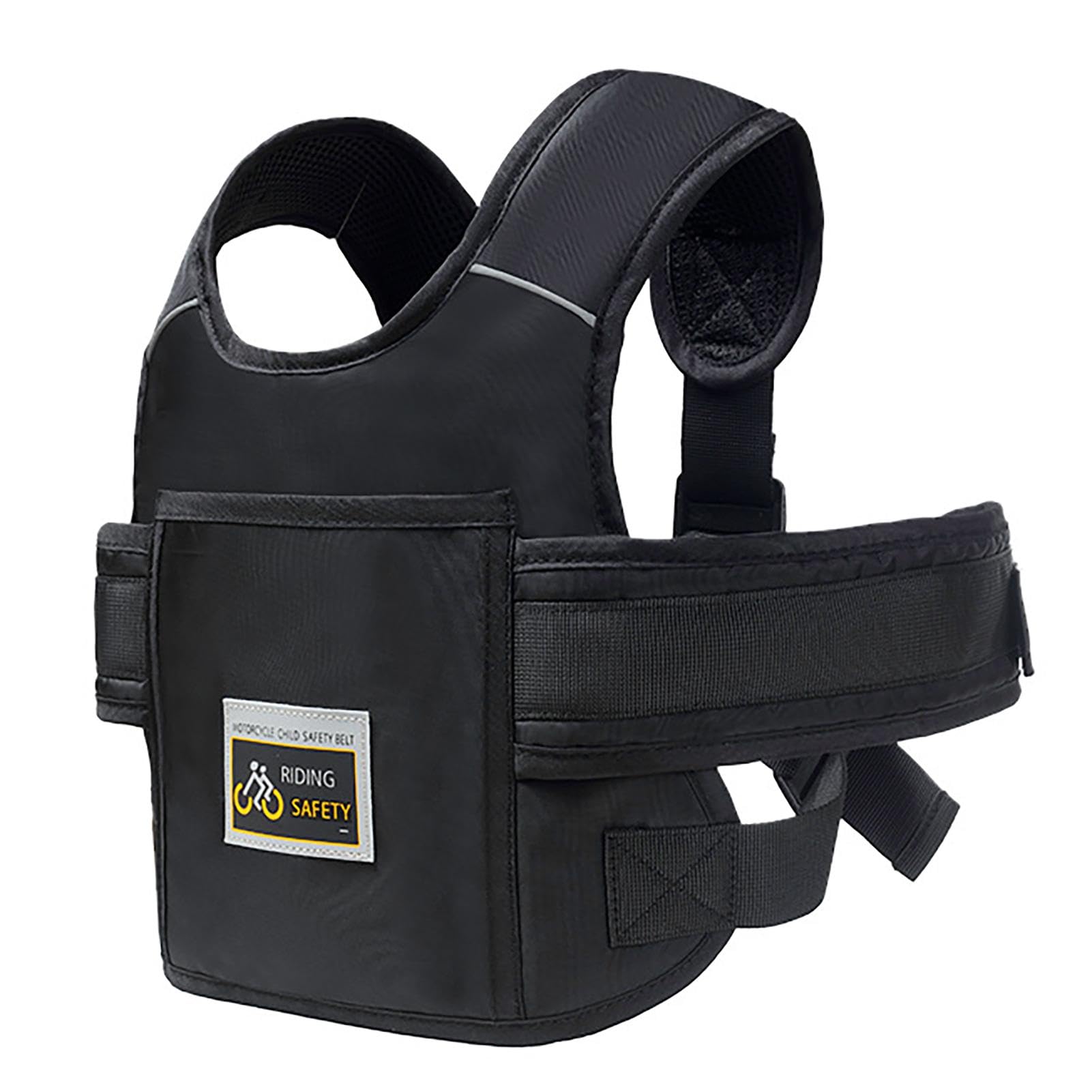 Imbracatura di sicurezza per bambini moto regolabile con tasca materiale traspirante riflettente nero