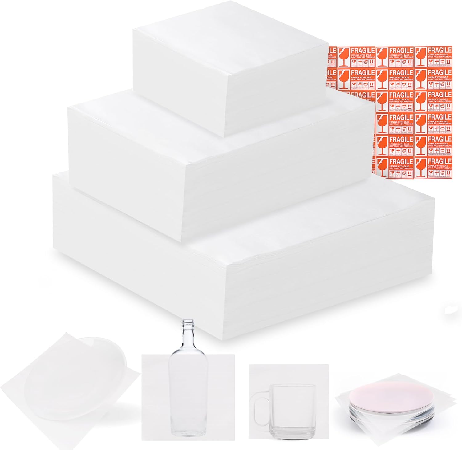 210Pcs Moving supplies, 3 Sizes (12x12 Inch, 12x7.5 Inch, 7.5x7.5 Inch) Packing Supplies for Moving, Packing, Transportation and Storage, 150Pcs Foam Pouch Incidental 60pcs Fragile Stickers