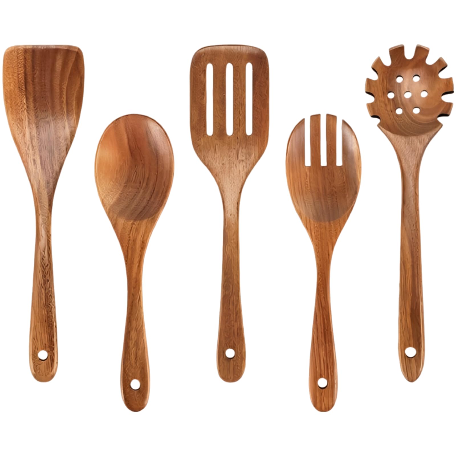 Generisch 5 TLG Holz Kochutensilien Set aus Akazienholz, 32 cm Küchenhelfer mit Pastaheber, Salatgabel, Schaber und Pfannenwender, geeignet für antihaftbeschichtete Pfannen, zum Rühren und Servieren