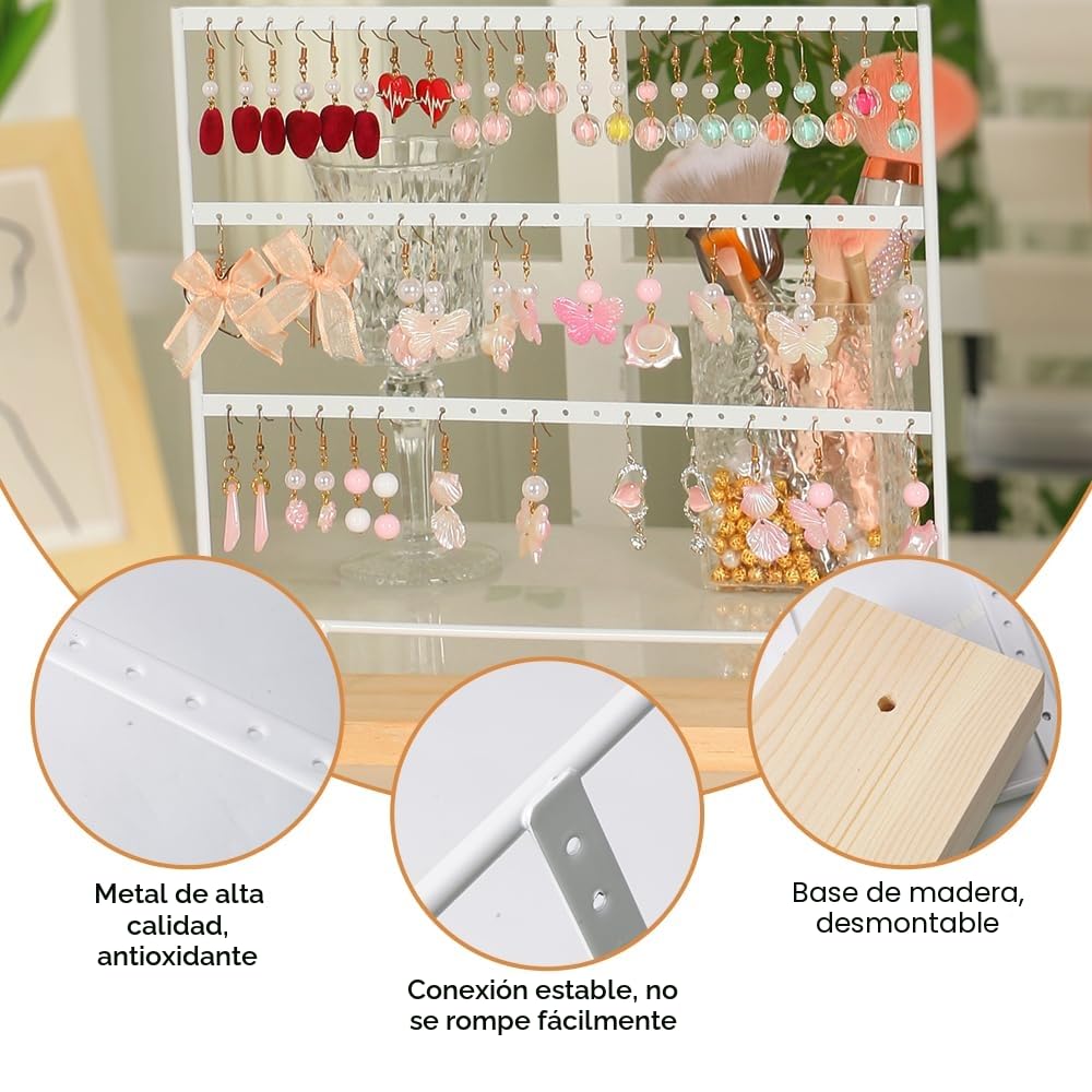 60 Agujeros Expositor de Pendientes, 3 Niveles Organizador Pendientes con Base de Madera, Colgador de pendientes, para Guardar pendientes