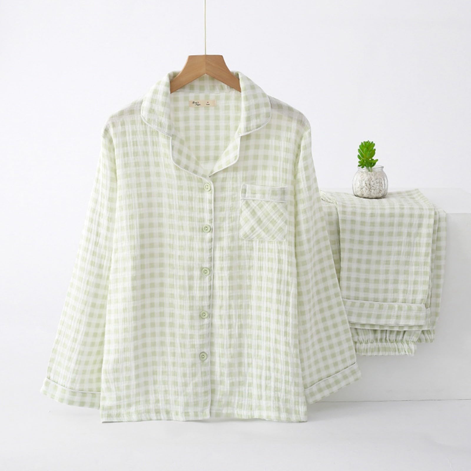 Generisch Pijama largo para mujer, conjunto de pijamas de doble capa, conjunto de pijamas de gingham para mujer, ropa de dormir ligera de verano y ropa de casa, elegante y cómoda ropa de salón