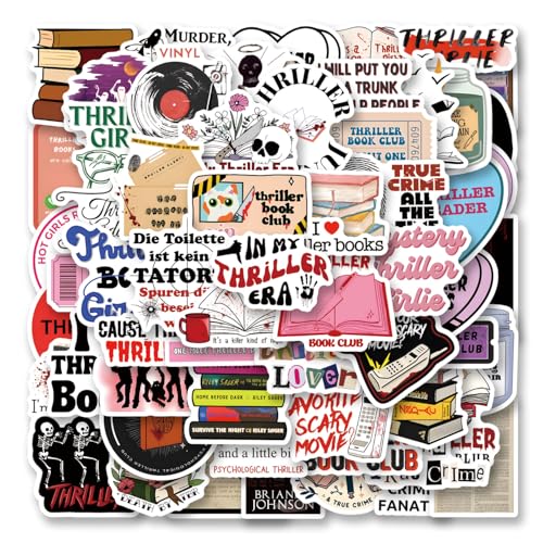 62Pcs Thriller Book Stickers Pack, Cartoon Cute Vinyl Waterproof Decals for Water Bottle,Laptop,Phone,Skateboard,Scrapbooking,Bumper Gifts for Kids Teens Adults Fans for Party Supply