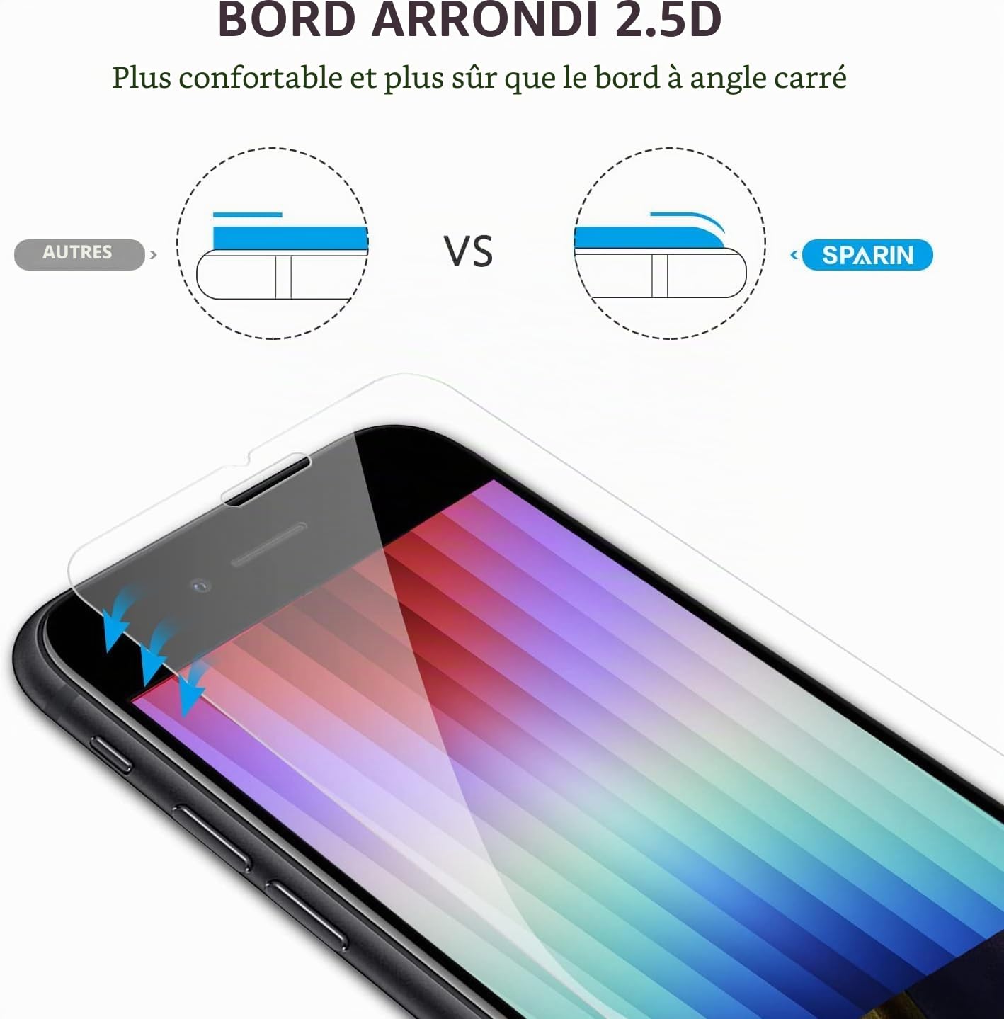 SPARIN 2 Pièces Verre Trempé Pour iPhone SE 2022/2020 et iPhone 8/7/6/6s, Film 2.5D, Protection Ecran iPhone 4.7 Pouces,9H Dureté,Sans bulles